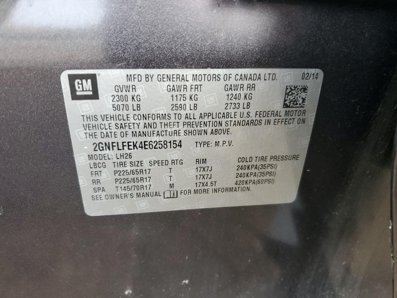 2014 Chevrolet Equinox Lt VIN: 2GNFLFEK4E6258154 Lot: 75301794