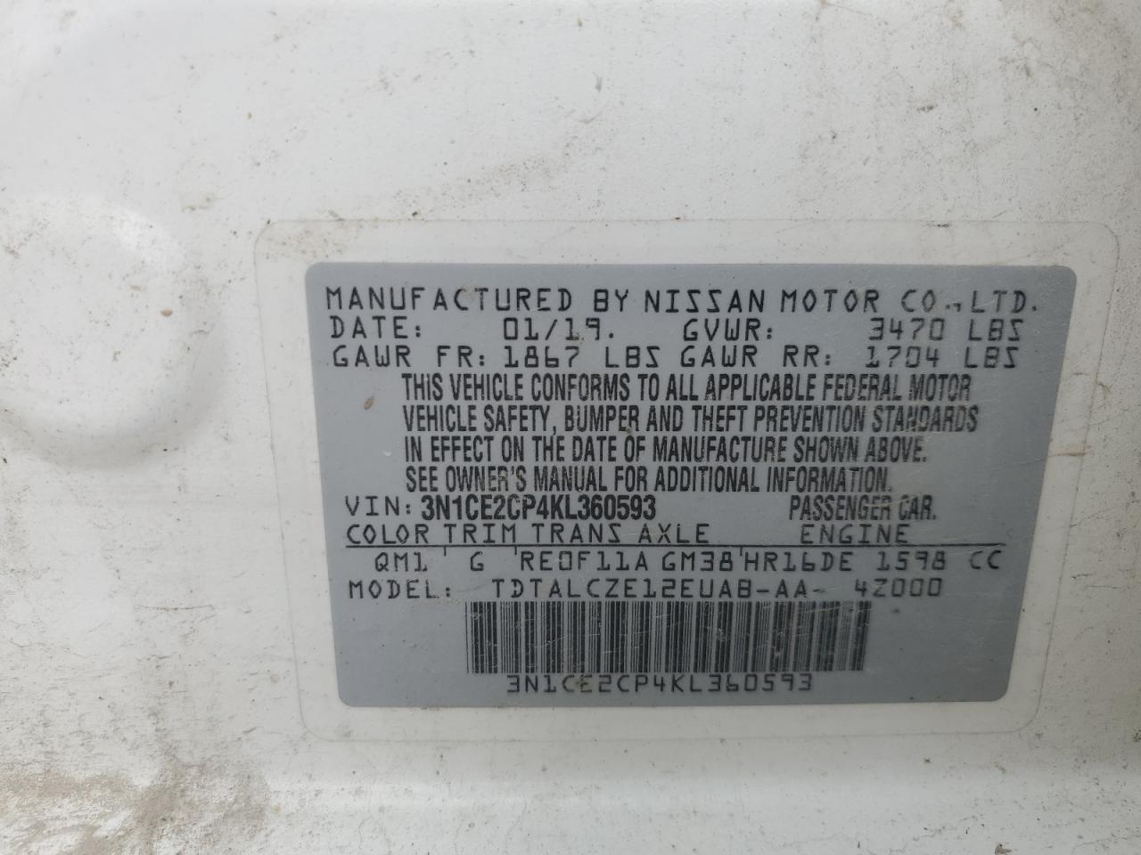 3N1CE2CP4KL360593 2019 Nissan Versa Note S