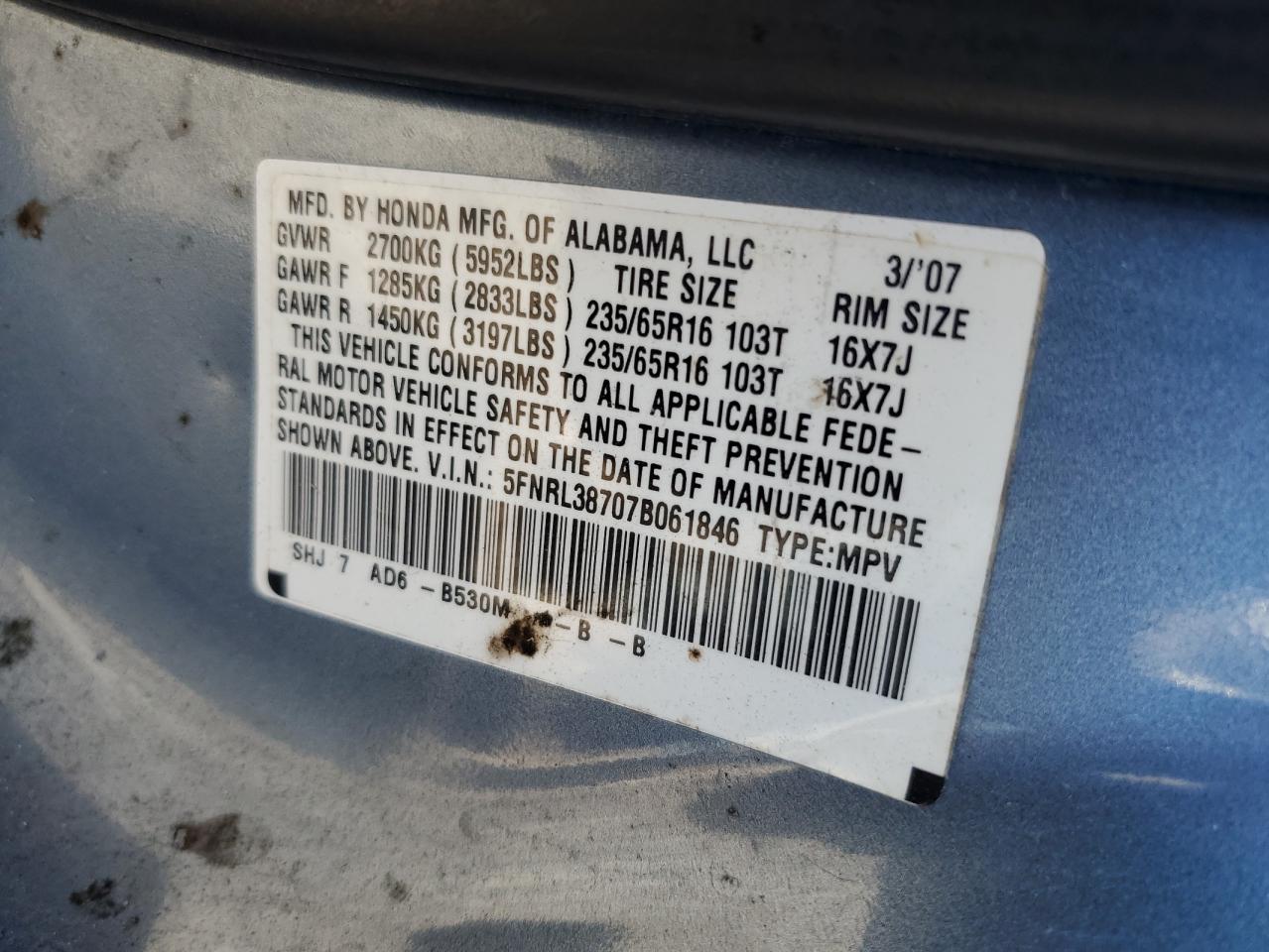 5FNRL38707B061846 2007 Honda Odyssey Exl