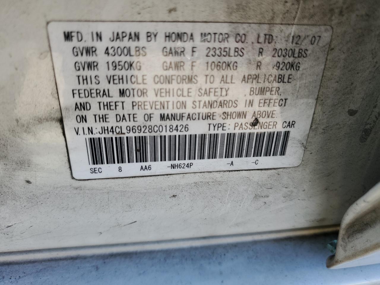 2008 Acura Tsx VIN: JH4CL96928C018426 Lot: 75419204