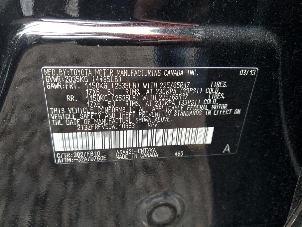 VIN 2T3ZFREV5DW010863 2013 TOYOTA RAV4 no.12