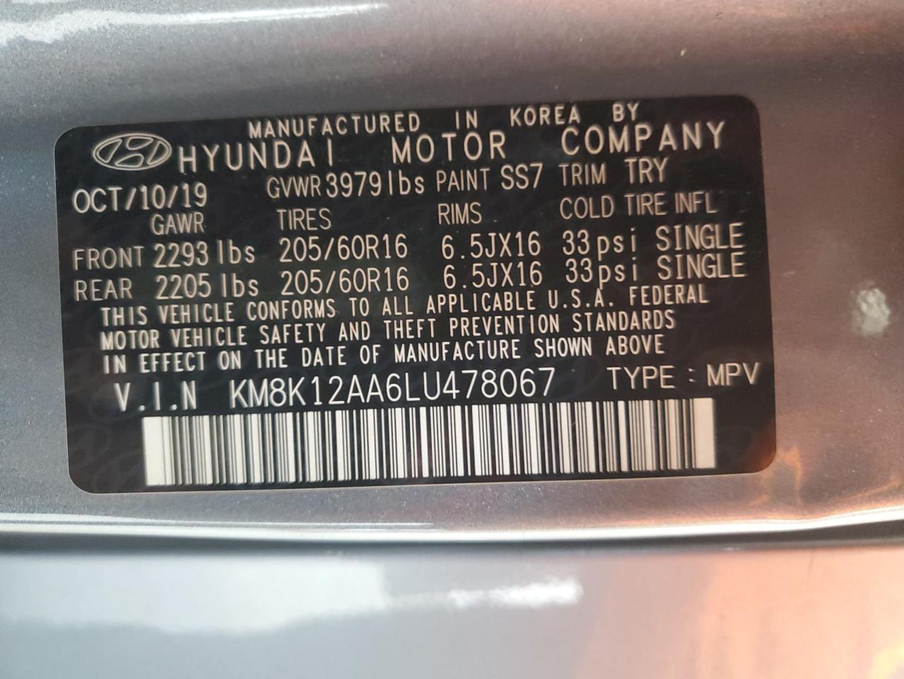 2020 Hyundai Kona Se VIN: KM8K12AA6LU478067 Lot: 76167384