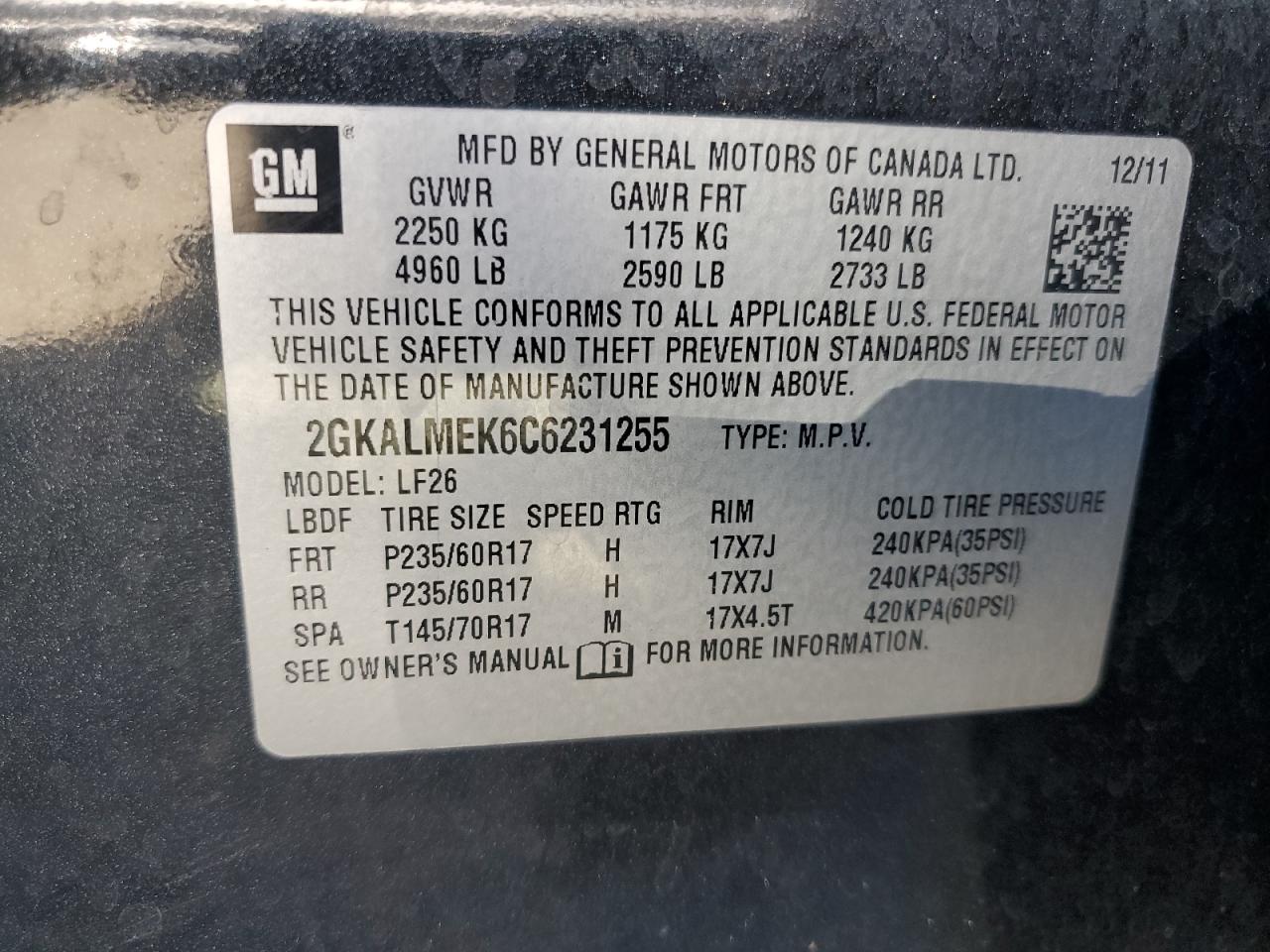 2GKALMEK6C6231255 2012 GMC Terrain Sle