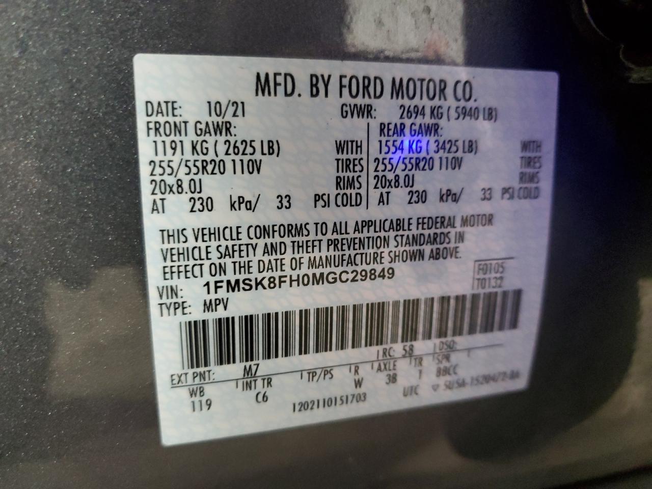 2021 Ford Explorer Limited VIN: 1FMSK8FH0MGC29849 Lot: 76089674