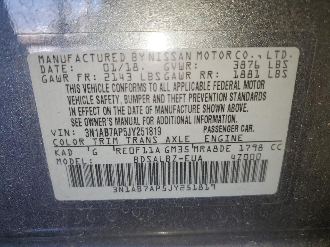 3N1AB7AP5JY251819 2018 Nissan Sentra S