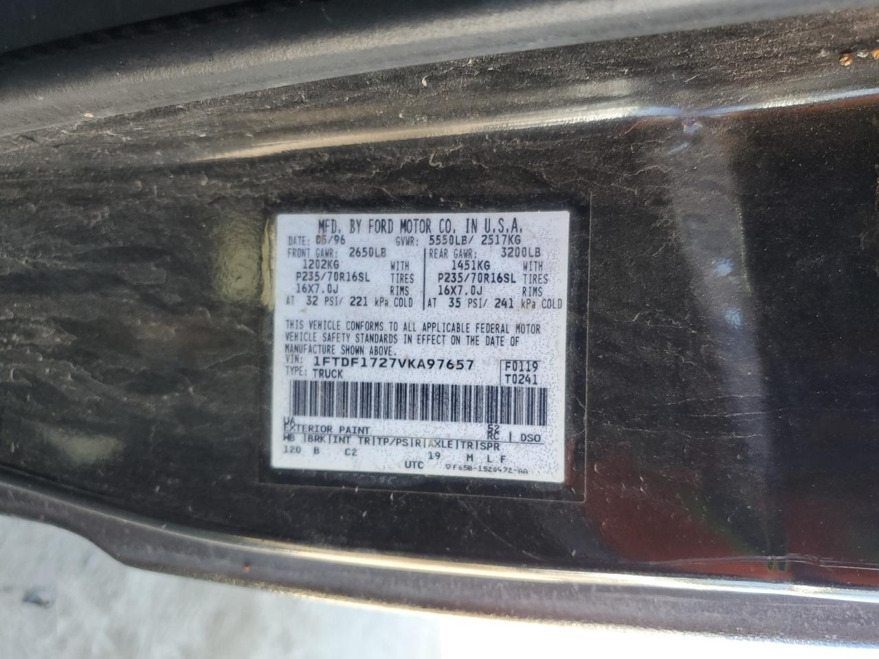 1997 Ford F150 VIN: 1FTDF1727VKA97657 Lot: 78447184