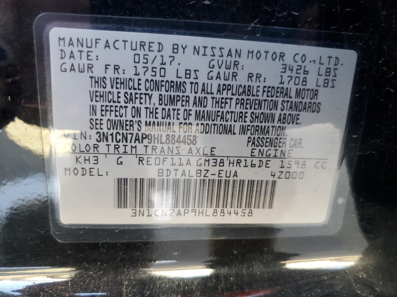 VIN 3N1CN7AP9HL884458 2017 NISSAN VERSA no.12