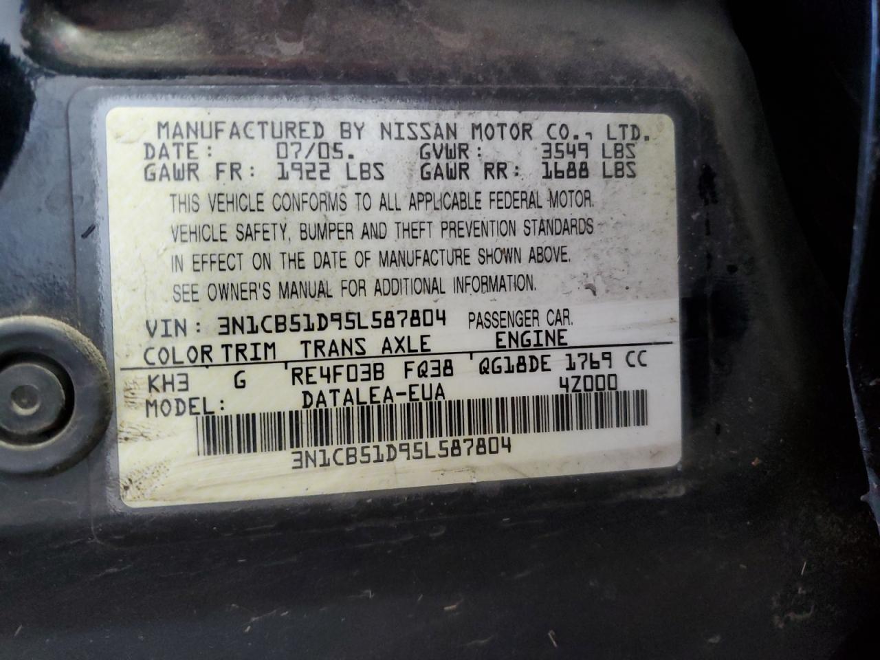 2005 Nissan Sentra 1.8 VIN: 3N1CB51D95L587804 Lot: 77827674