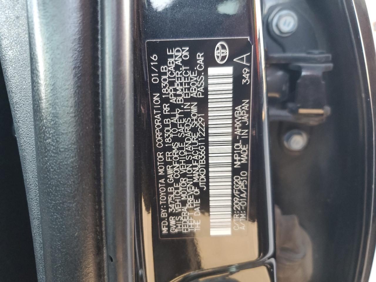 JTDKDTB36G1122291 2016 Toyota Prius C