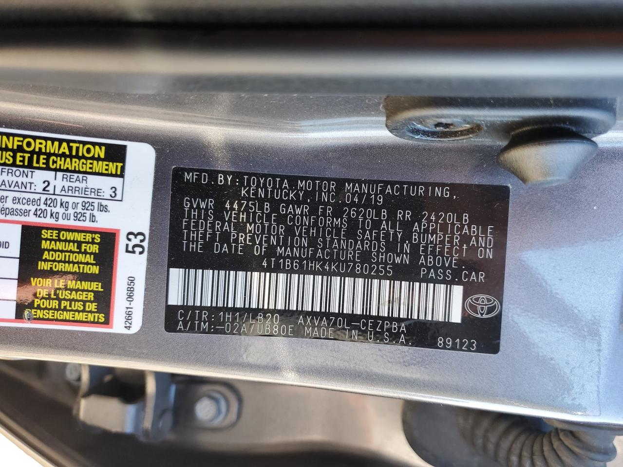 4T1B61HK4KU780255 2019 TOYOTA CAMRY - Image 13