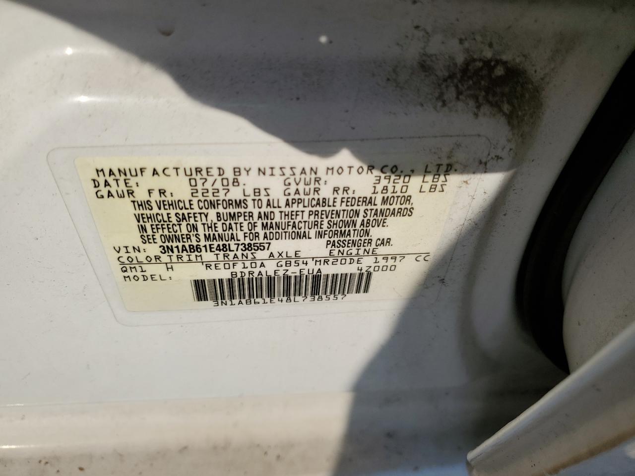 2008 Nissan Sentra 2.0 VIN: 3N1AB61E48L738557 Lot: 88918375