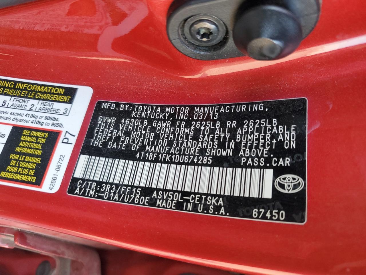 VIN 4T1BF1FK1DU674285 2013 TOYOTA CAMRY no.12