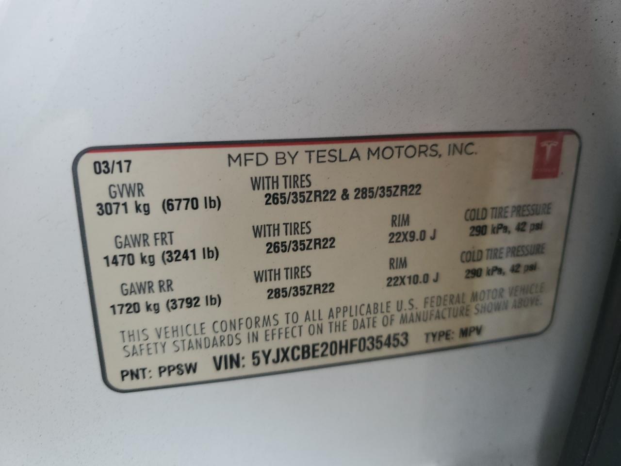 5YJXCBE20HF035453 2017 Tesla Model X