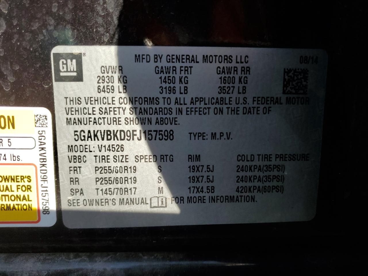 5GAKVBKD9FJ157598 2015 Buick Enclave