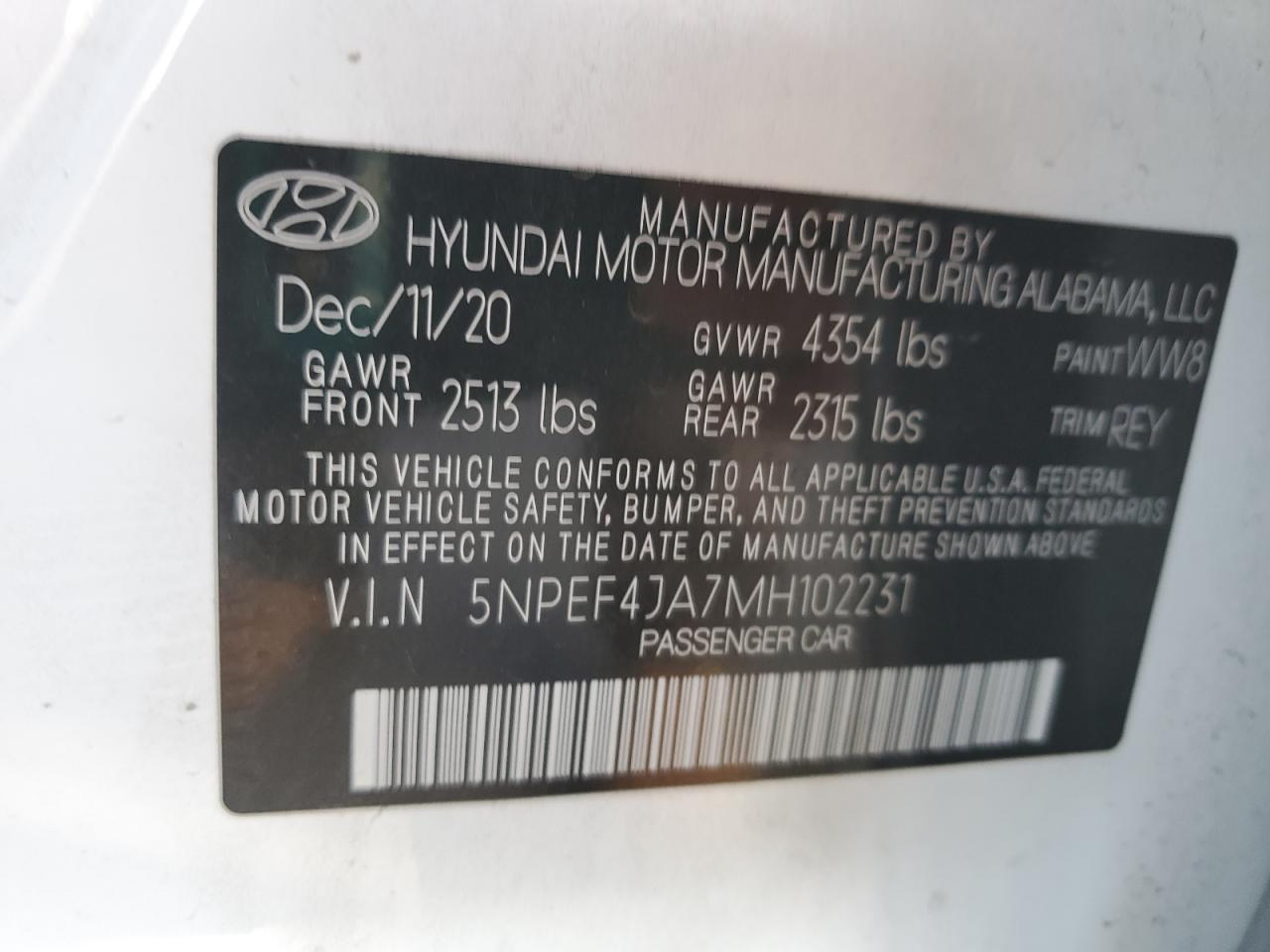 5NPEF4JA7MH102231 2021 Hyundai Sonata Sel