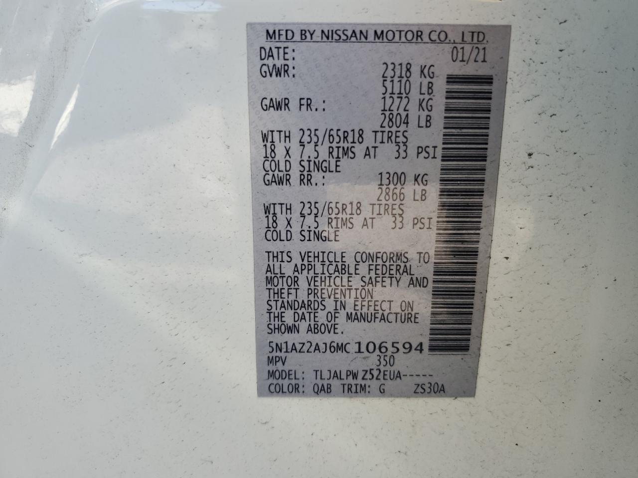 2021 Nissan Murano S VIN: 5N1AZ2AJ6MC106594 Lot: 75133414