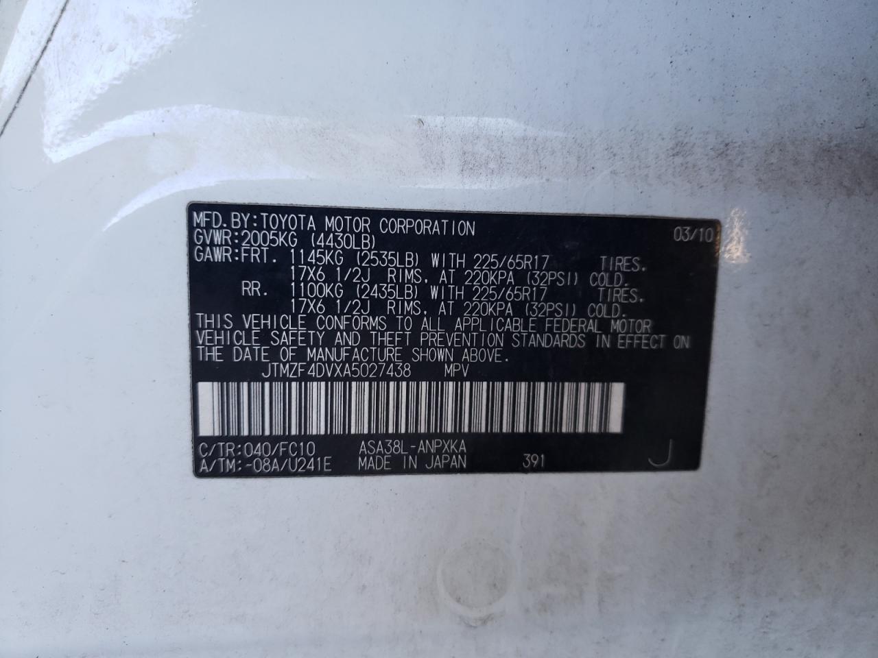 JTMZF4DVXA5027438 2010 Toyota Rav4