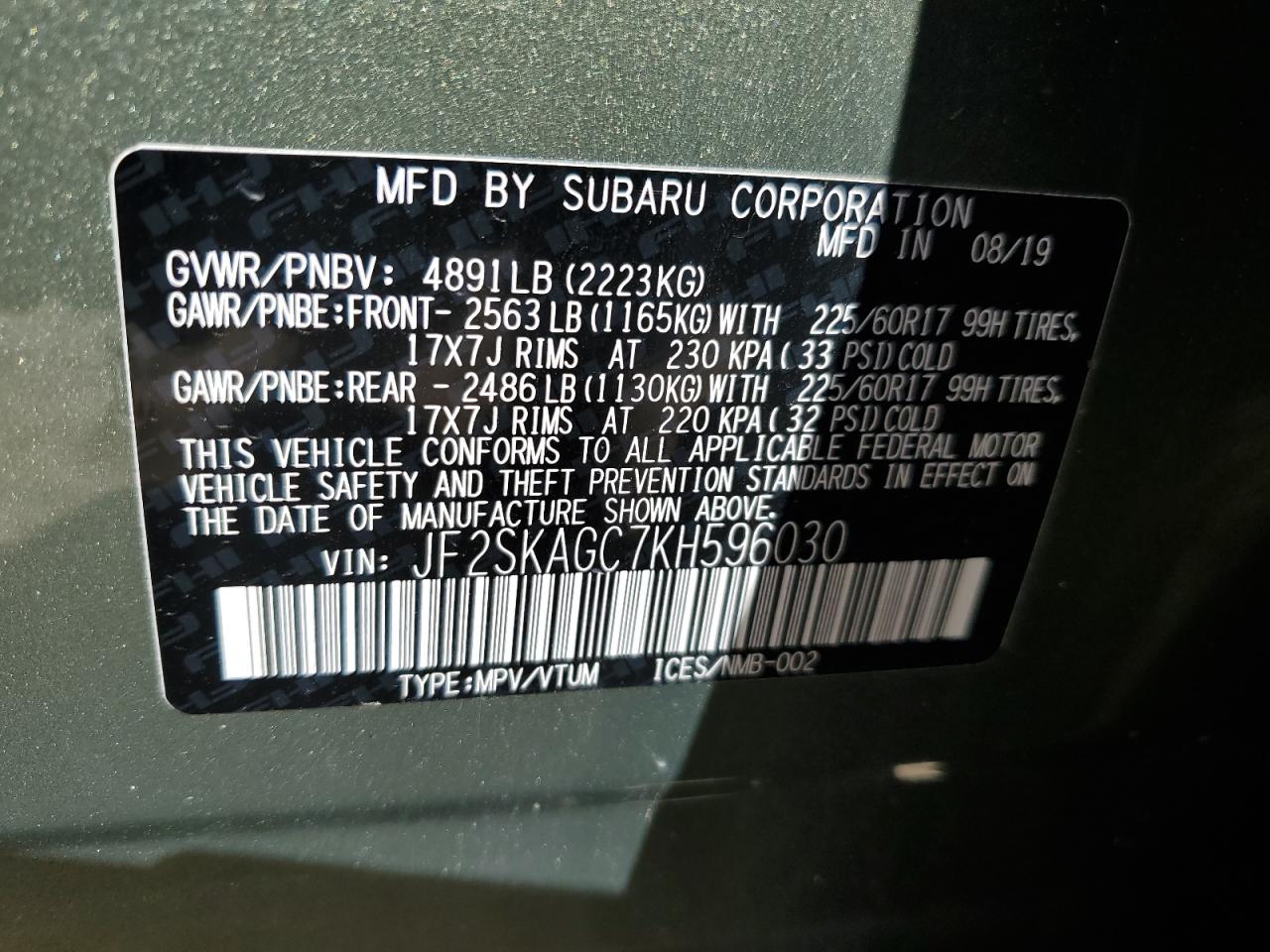 JF2SKAGC7KH596030 2019 Subaru Forester Premium