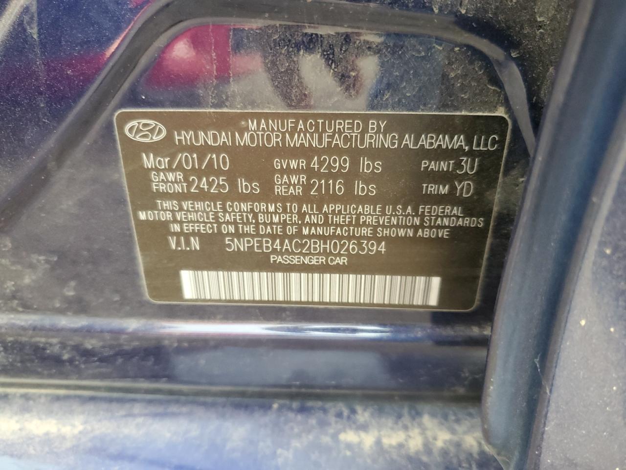 5NPEB4AC2BH026394 2011 Hyundai Sonata Gls