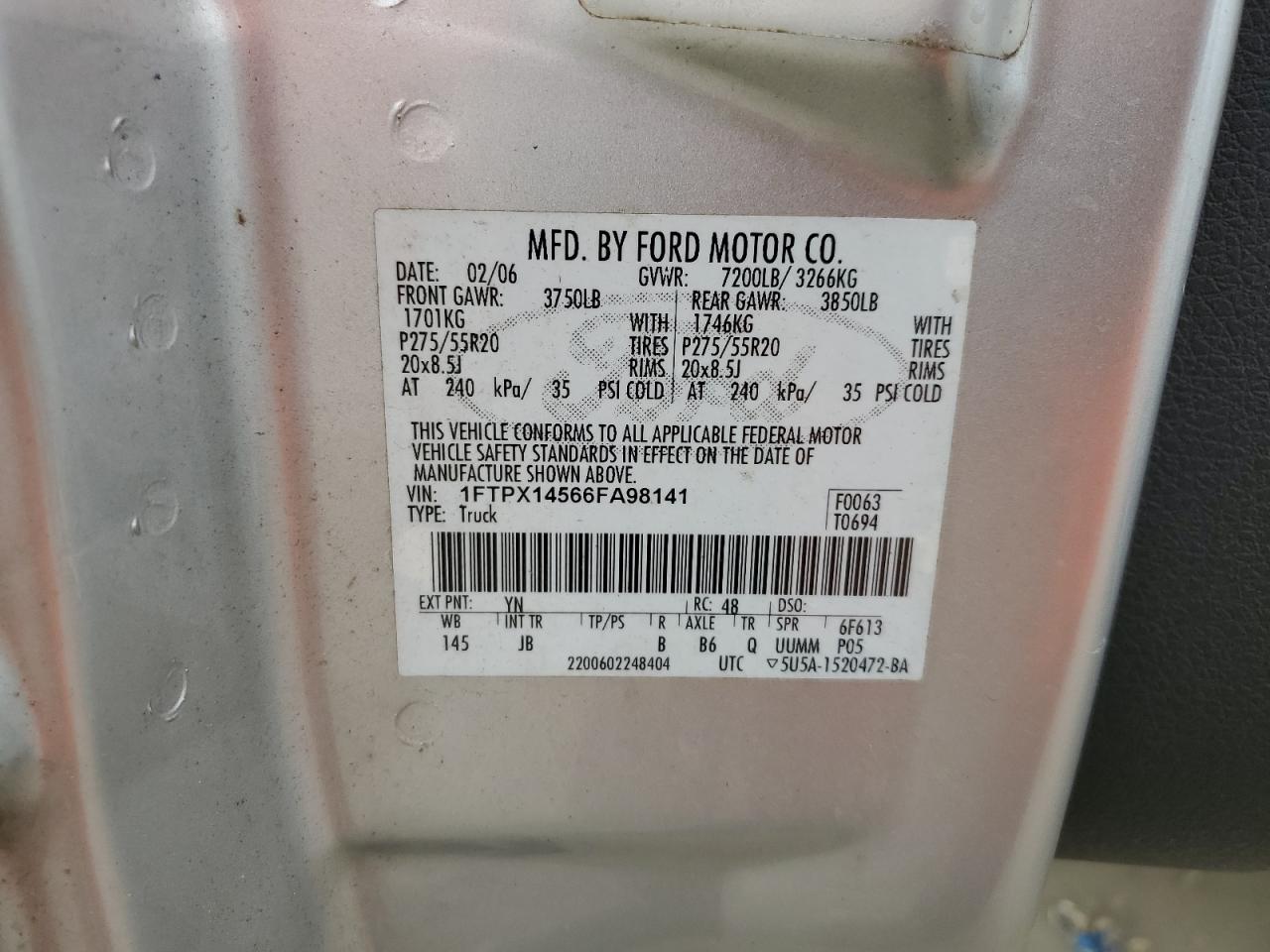 1FTPX14566FA98141 2006 Ford F150