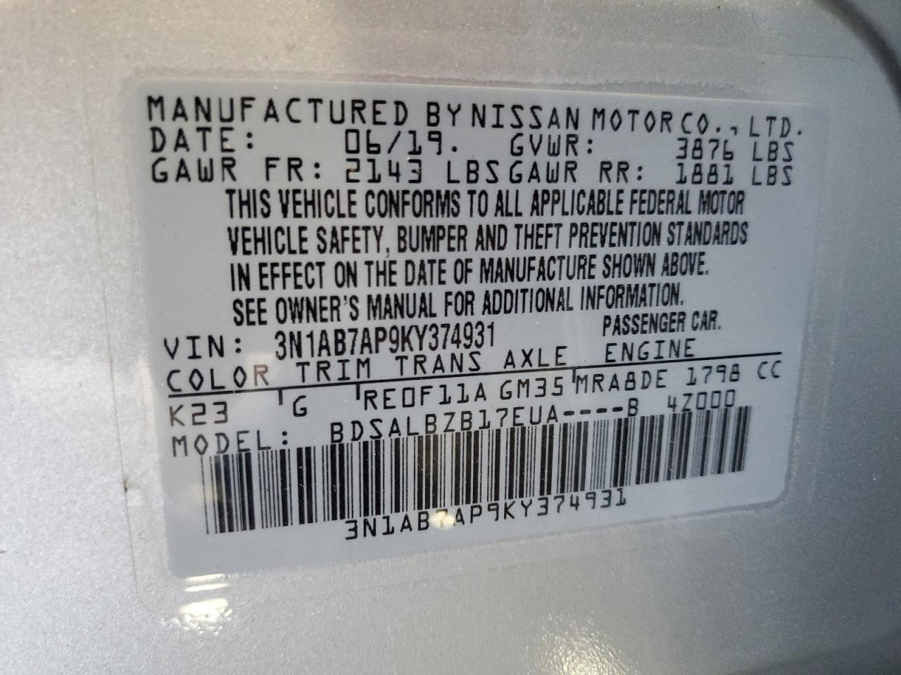 3N1AB7AP9KY374931 2019 Nissan Sentra S