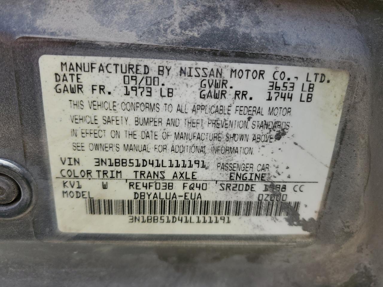 2001 Nissan Sentra Se VIN: 3N1BB51D41L111191 Lot: 74661364