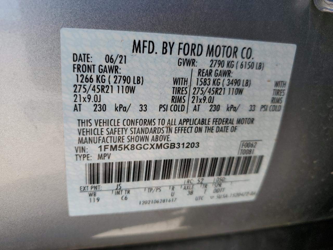 1FM5K8GCXMGB31203 2021 Ford Explorer St