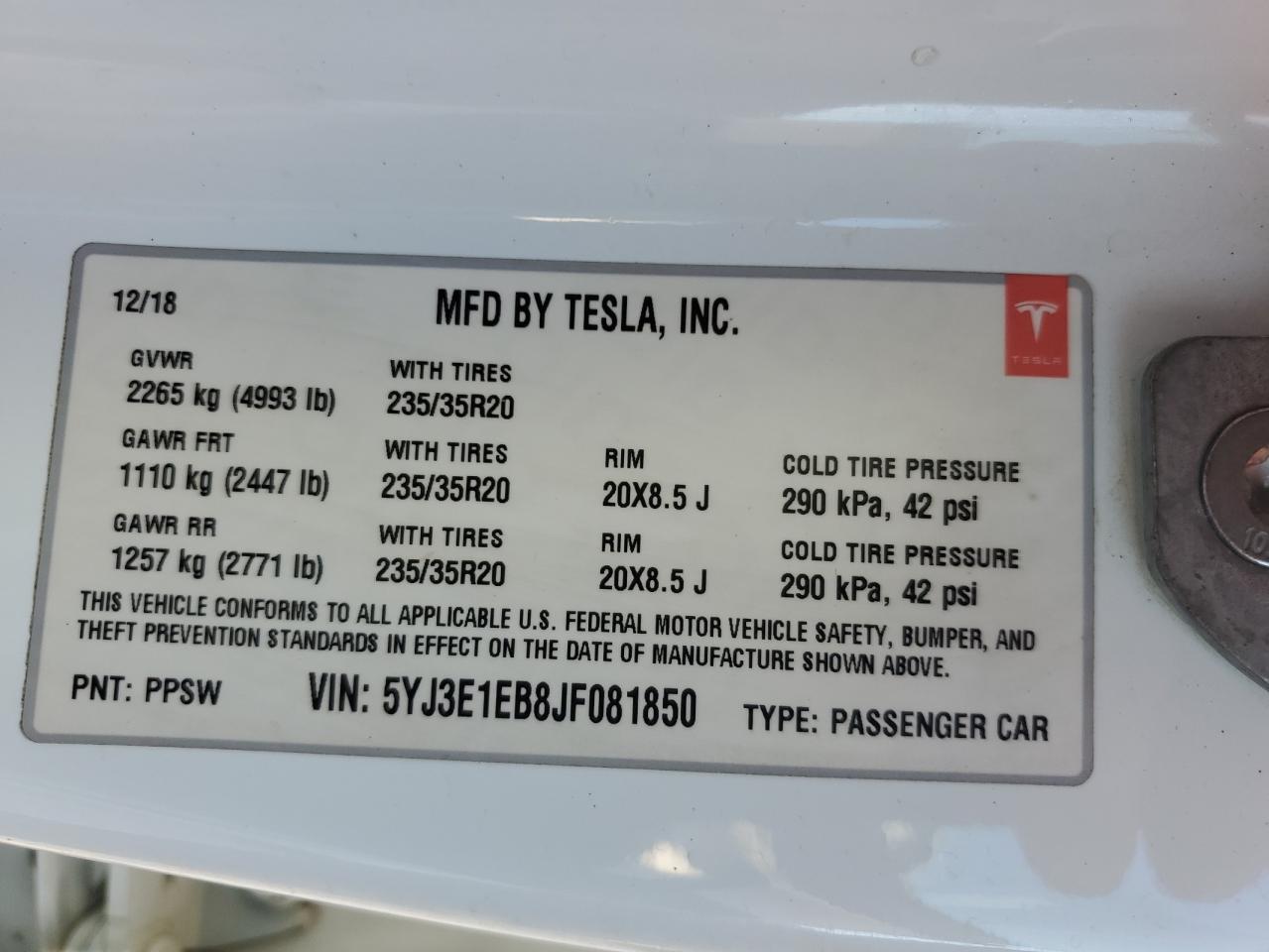 2018 Tesla Model 3 VIN: 5YJ3E1EB8JF081850 Lot: 76108734