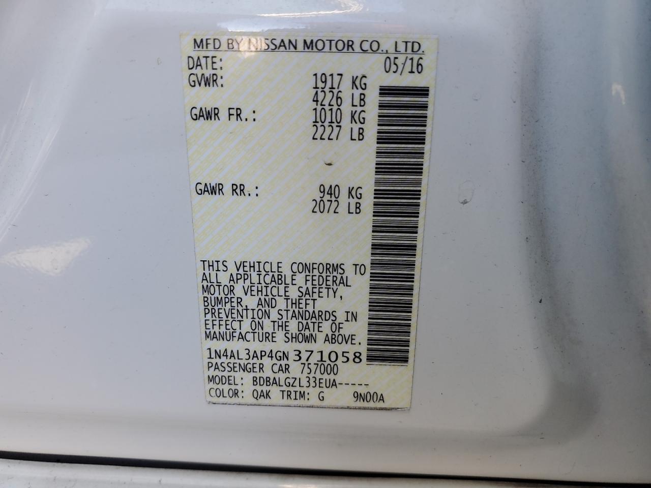 1N4AL3AP4GN371058 2016 Nissan Altima 2.5