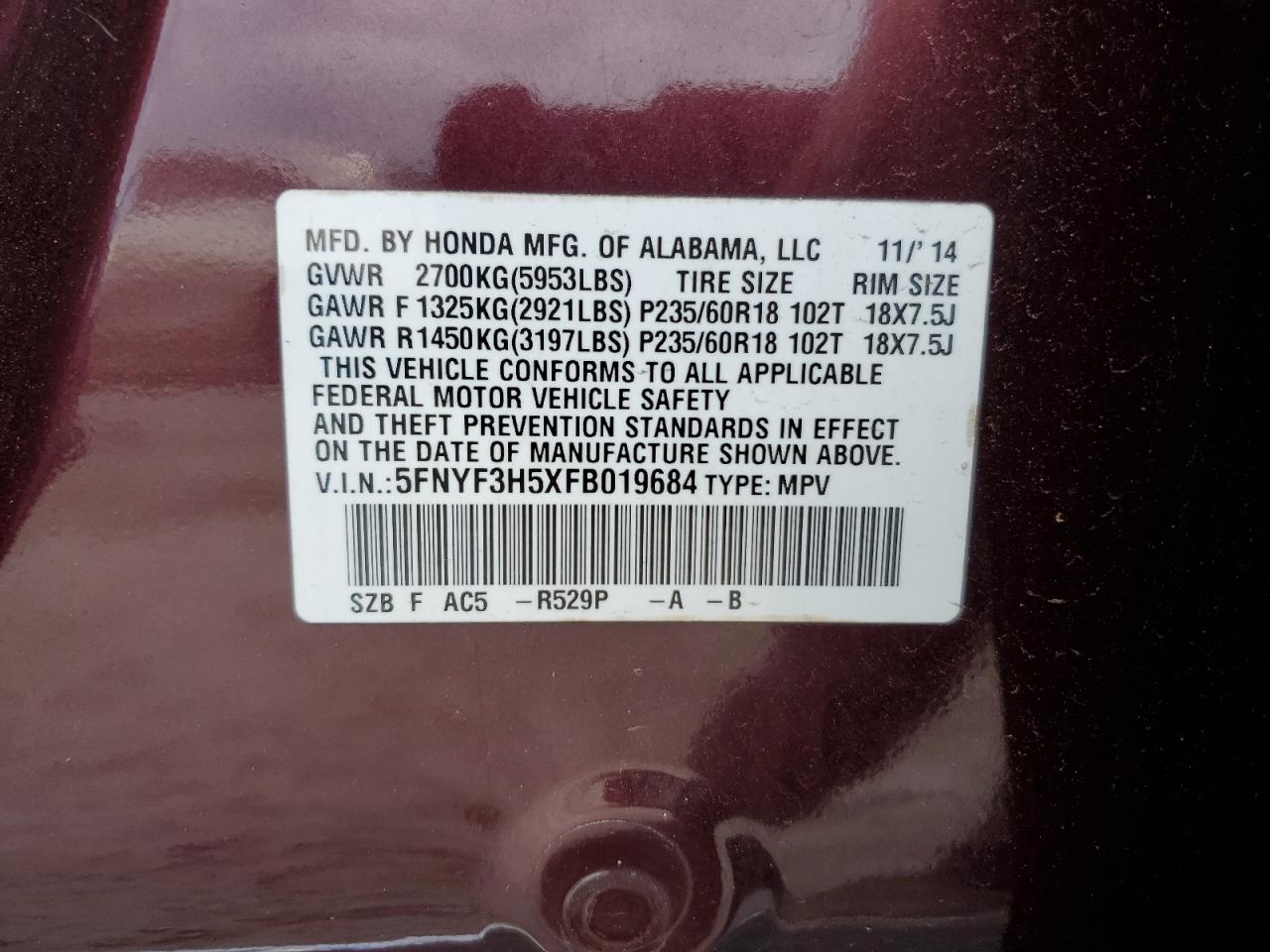 5FNYF3H5XFB019684 2015 Honda Pilot Exl