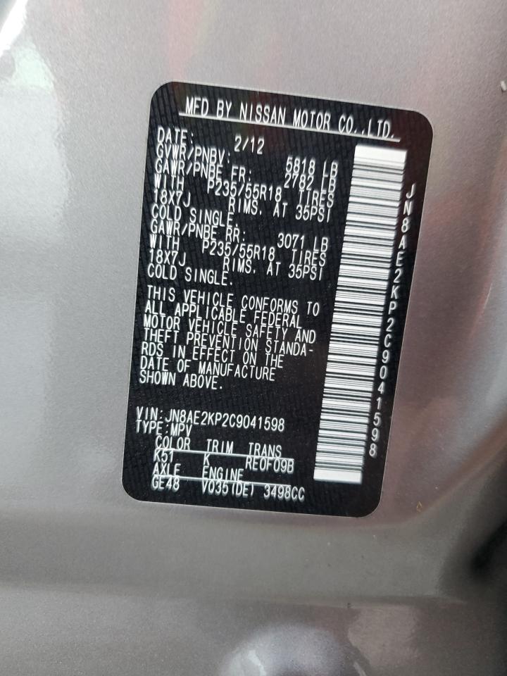 2012 Nissan Quest S VIN: JN8AE2KP2C9041598 Lot: 78552874