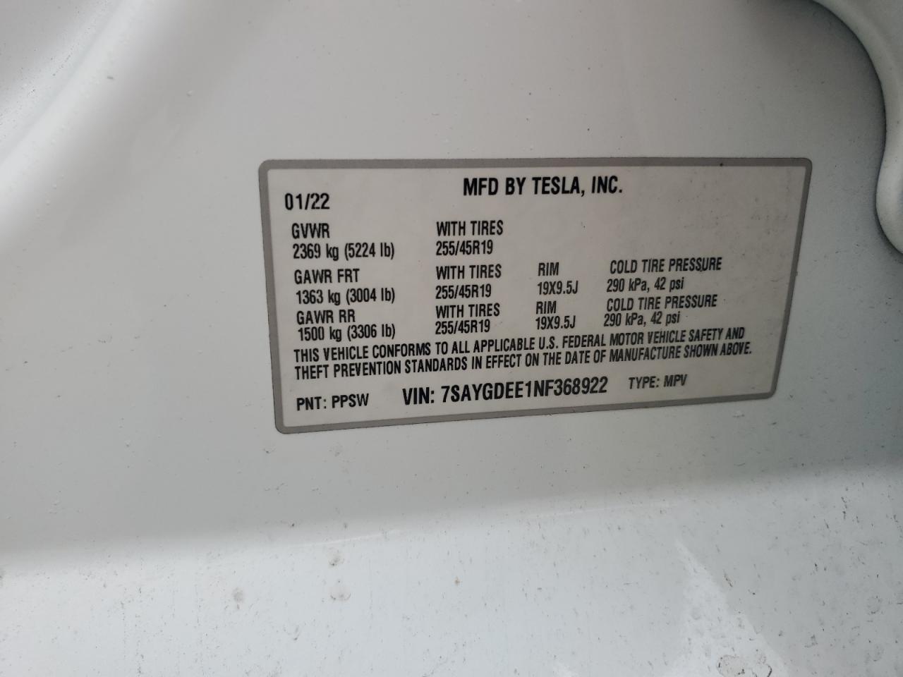 7SAYGDEE1NF368922 2022 Tesla Model Y