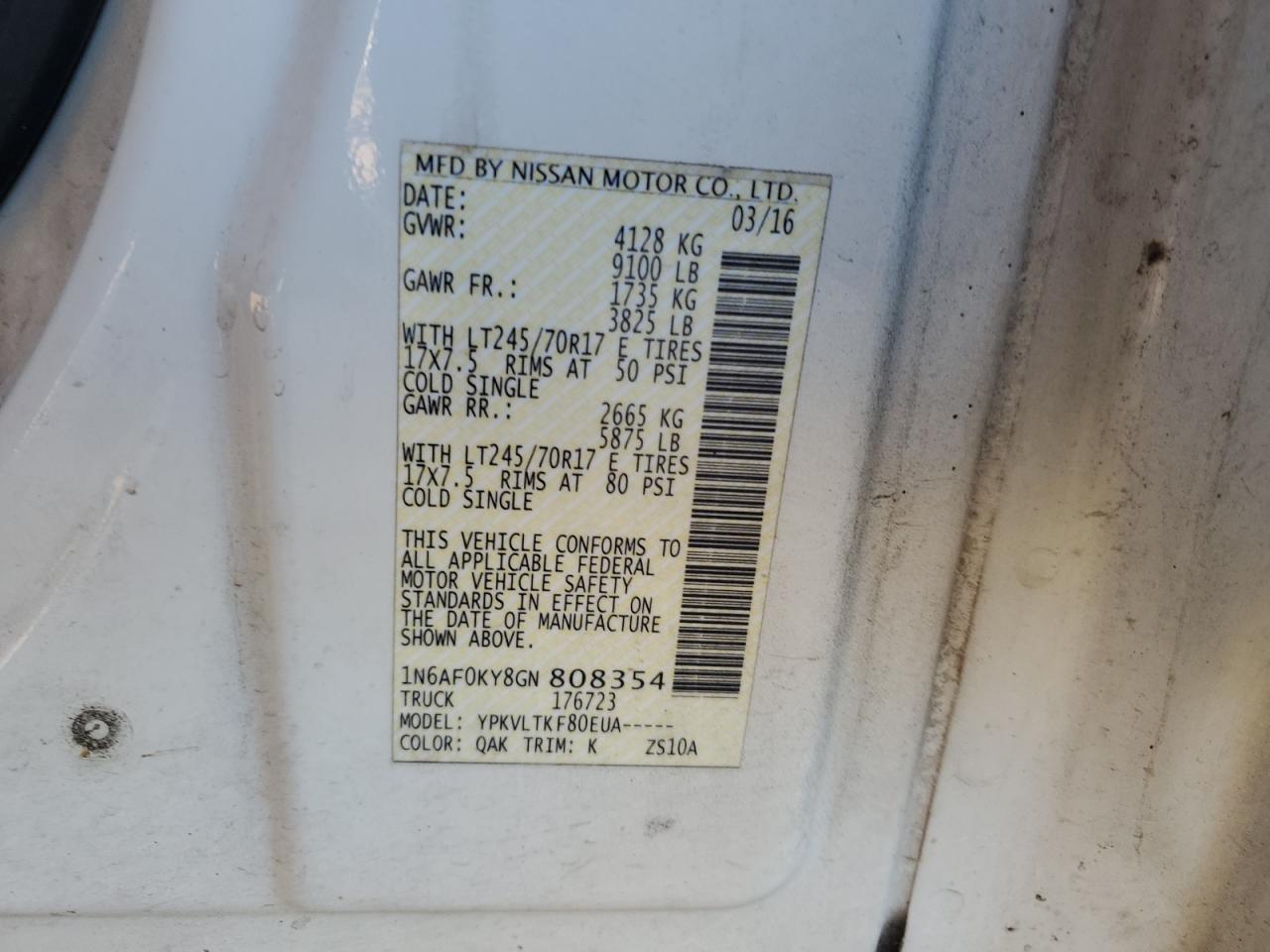 1N6AF0KY8GN808354 2016 Nissan Nv 2500 S