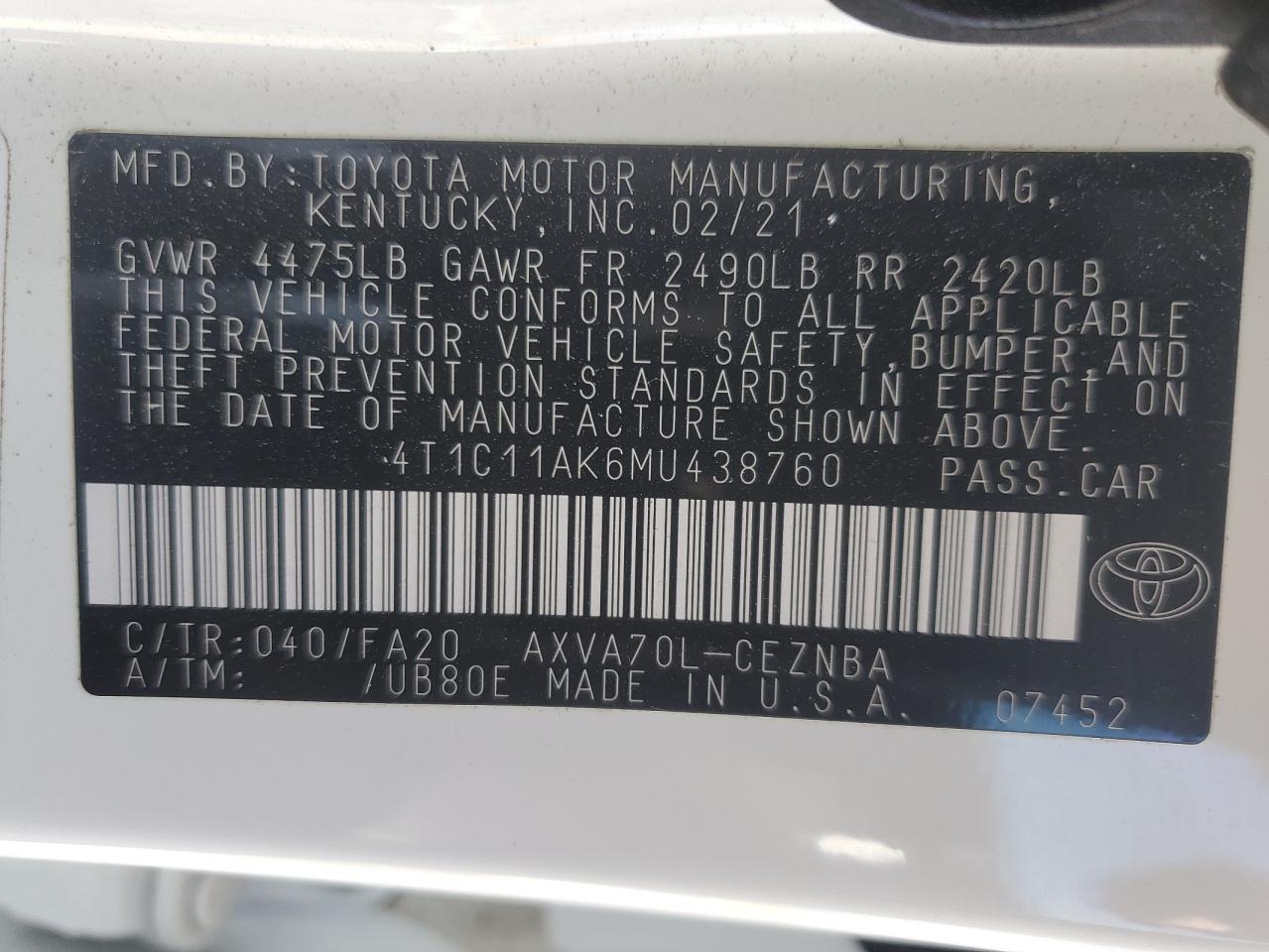 4T1C11AK6MU438760 2021 Toyota Camry Le