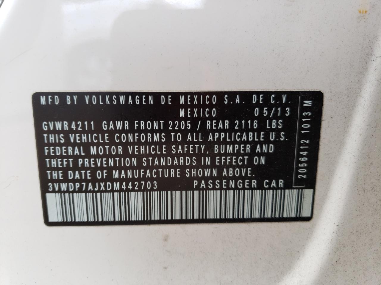 2013 Volkswagen Jetta Se VIN: 3VWDP7AJXDM442703 Lot: 74502414