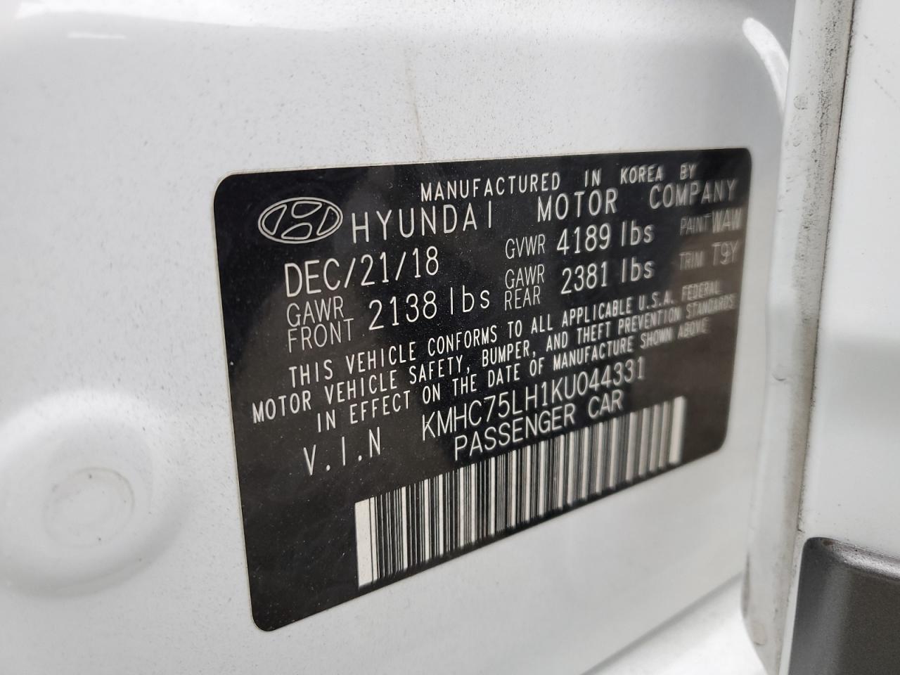 2019 Hyundai Ioniq VIN: KMHC75LH1KU044331 Lot: 76345554