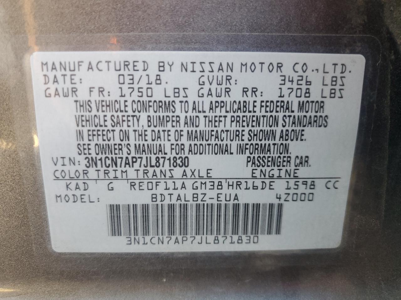 2018 Nissan Versa S VIN: 3N1CN7AP7JL871830 Lot: 75894264