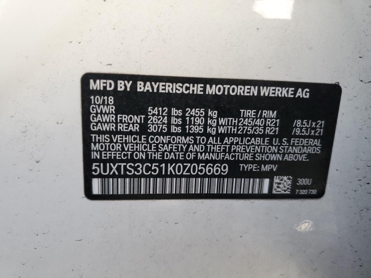 2019 BMW X3 xDrivem40I VIN: 5UXTS3C51K0Z05669 Lot: 78309944