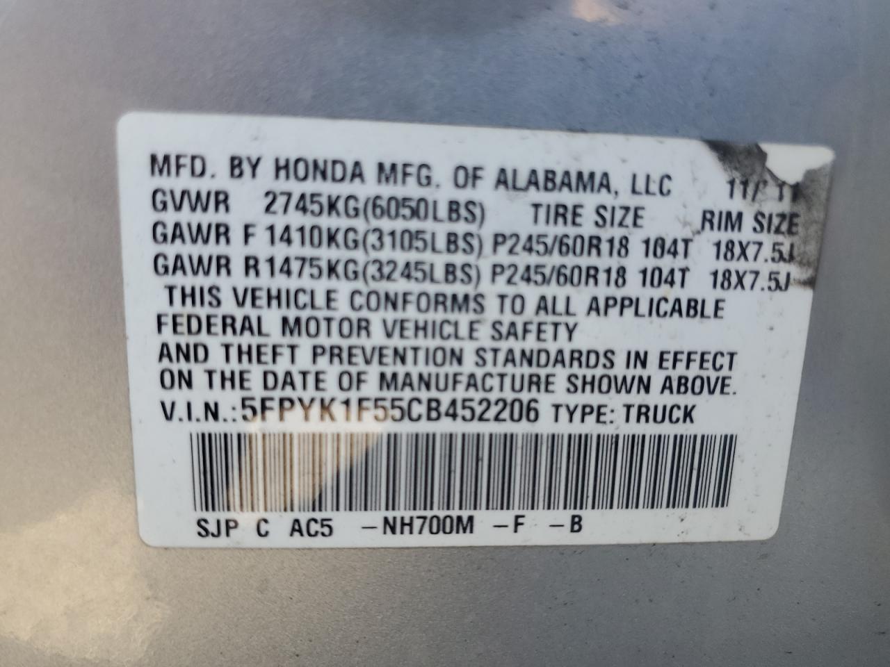 2012 Honda Ridgeline Rtl VIN: 5FPYK1F55CB452206 Lot: 74694204