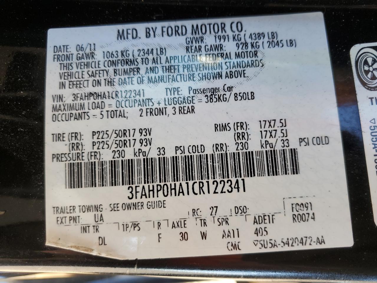 2012 Ford Fusion Se VIN: 3FAHP0HA1CR122341 Lot: 76358594