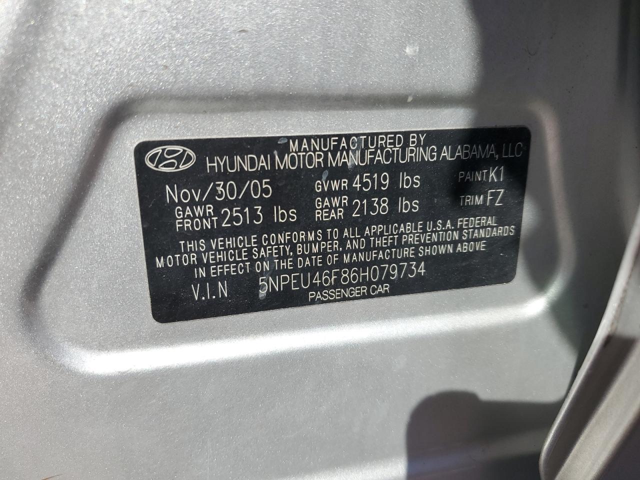 5NPEU46F86H079734 2006 Hyundai Sonata Gls