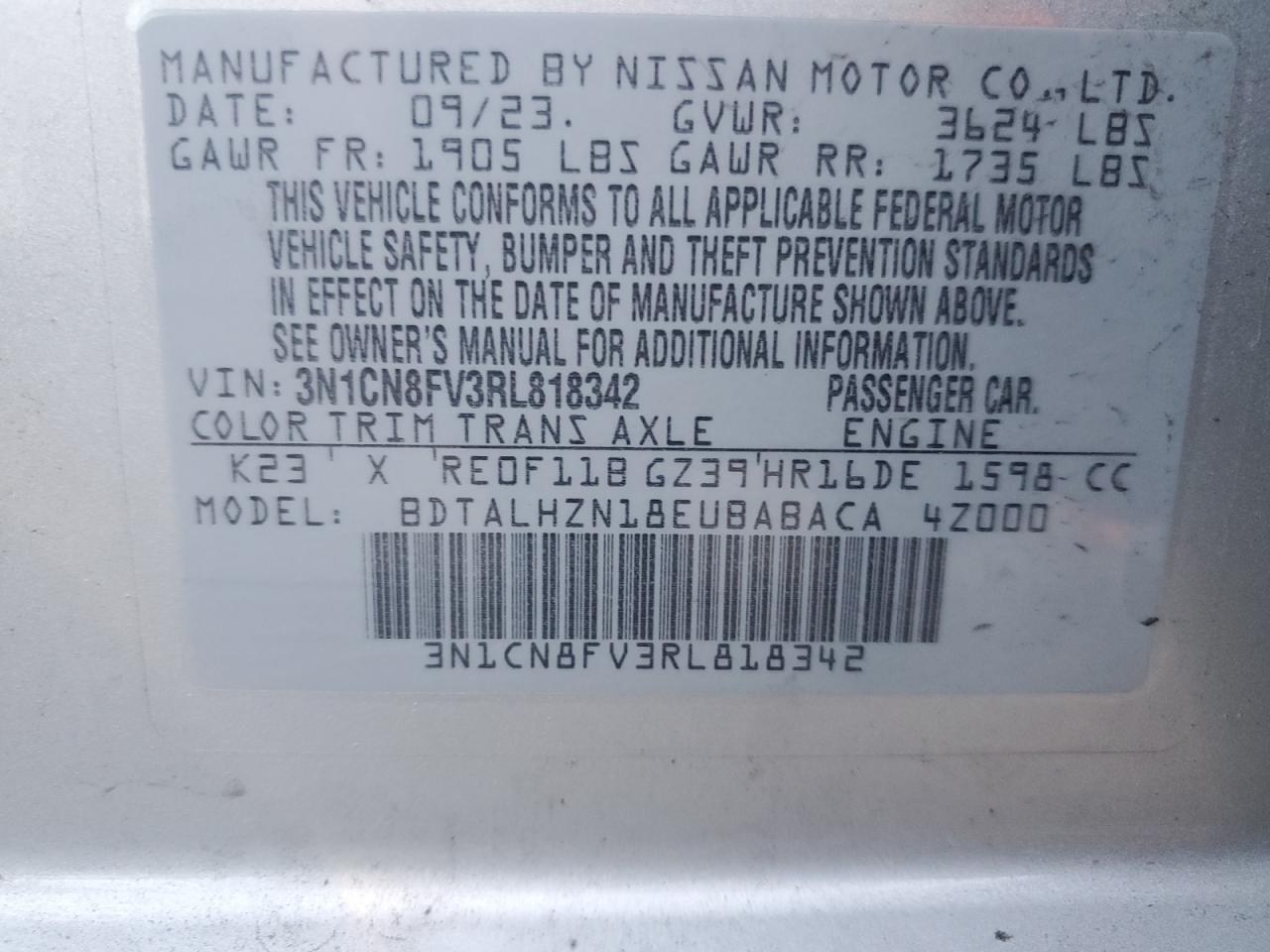 3N1CN8FV3RL818342 2024 Nissan Versa Sr