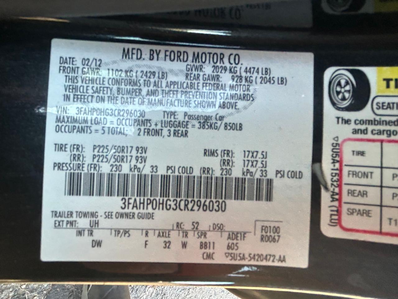 2012 Ford Fusion Se VIN: 3FAHP0HG3CR296030 Lot: 76889954