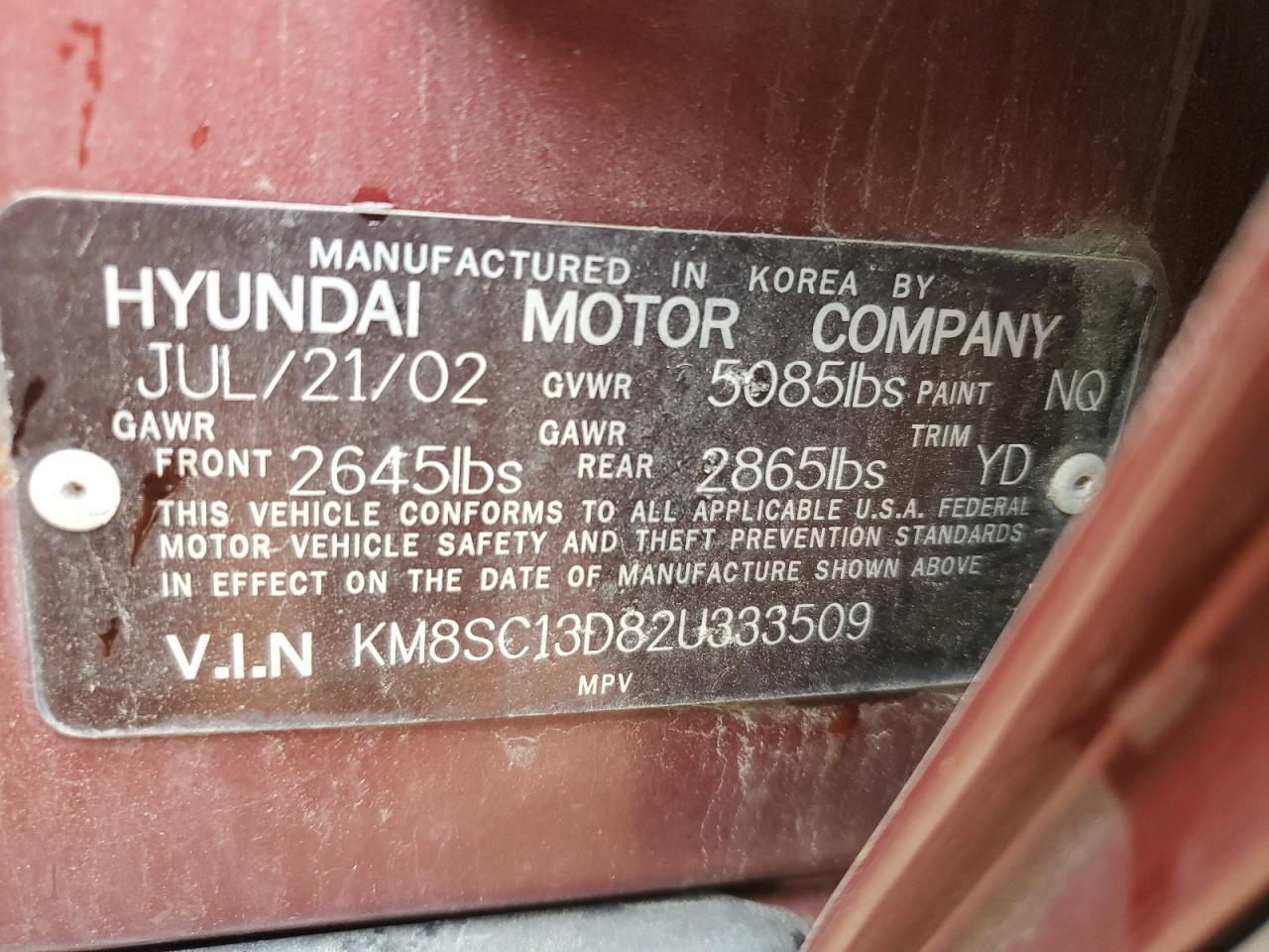 KM8SC13D82U333509 2002 Hyundai Santa Fe Gls