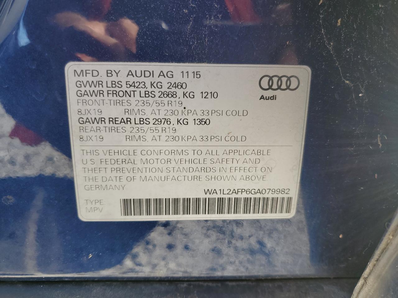 2016 Audi Q5 Premium Plus VIN: WA1L2AFP6GA079982 Lot: 75666364