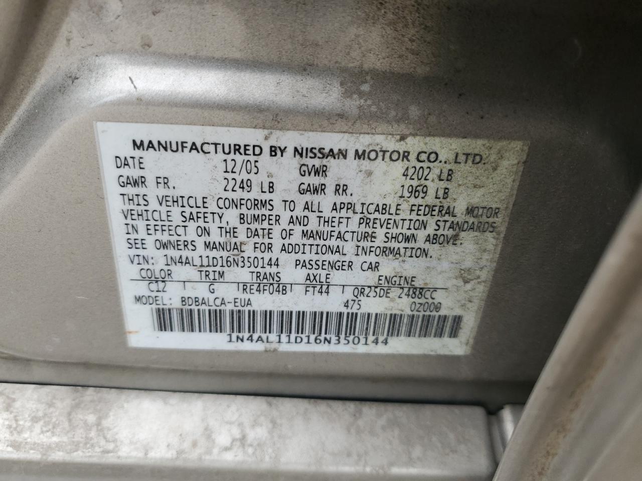 1N4AL11D16N350144 2006 Nissan Altima S