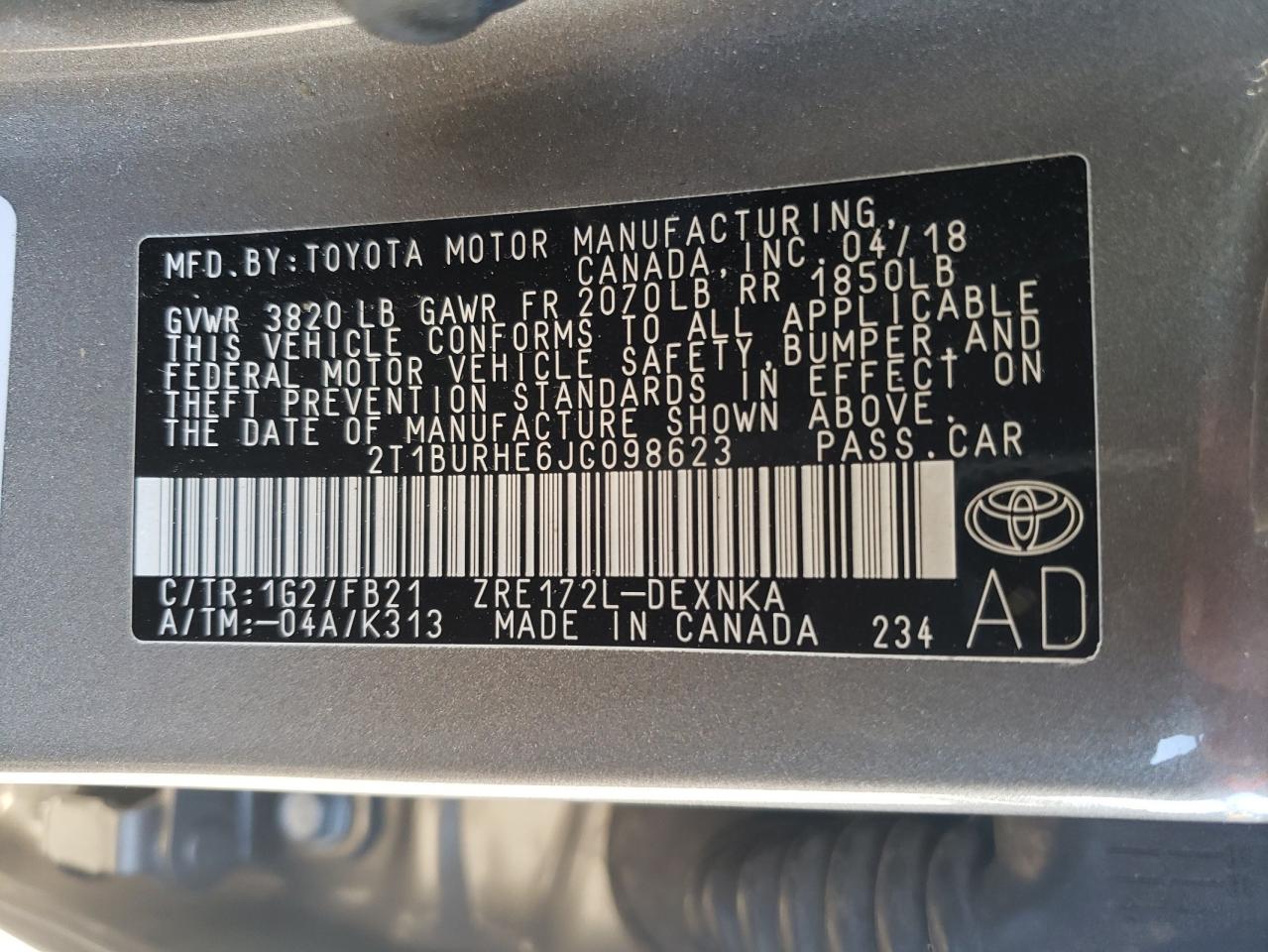 2T1BURHE6JC098623 2018 Toyota Corolla L