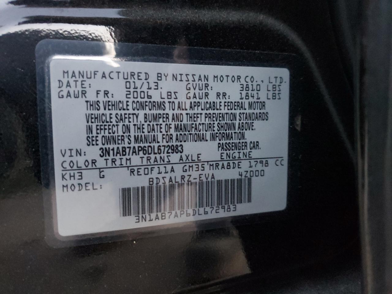 2013 Nissan Sentra S VIN: 3N1AB7AP6DL672983 Lot: 75514964