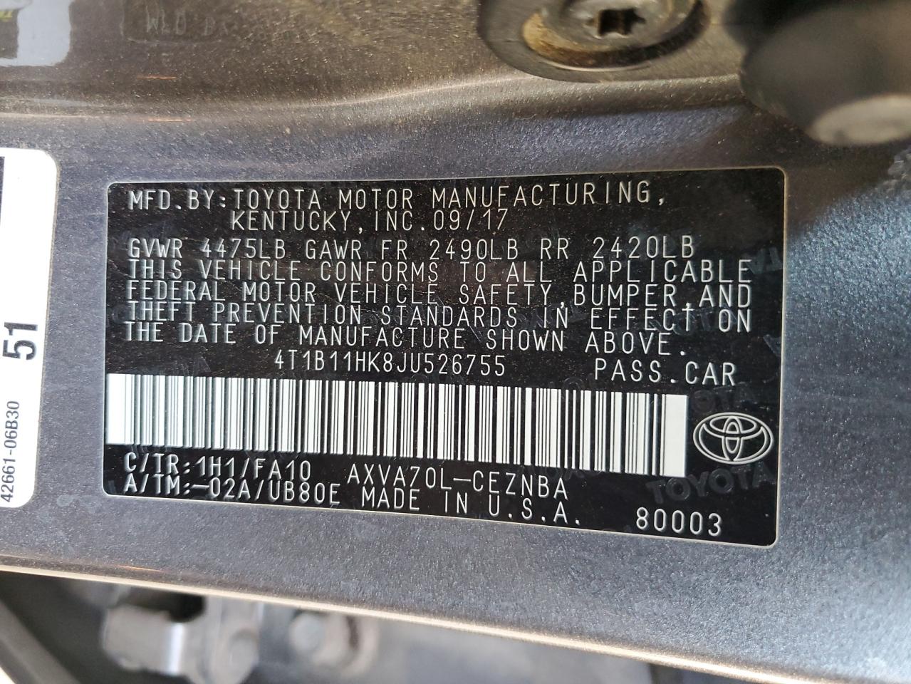 4T1B11HK8JU526755 2018 Toyota Camry L