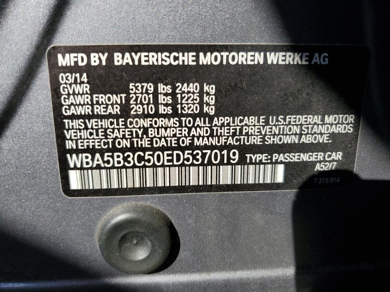 2014 BMW 535 Xi VIN: WBA5B3C50ED537019 Lot: 77214684